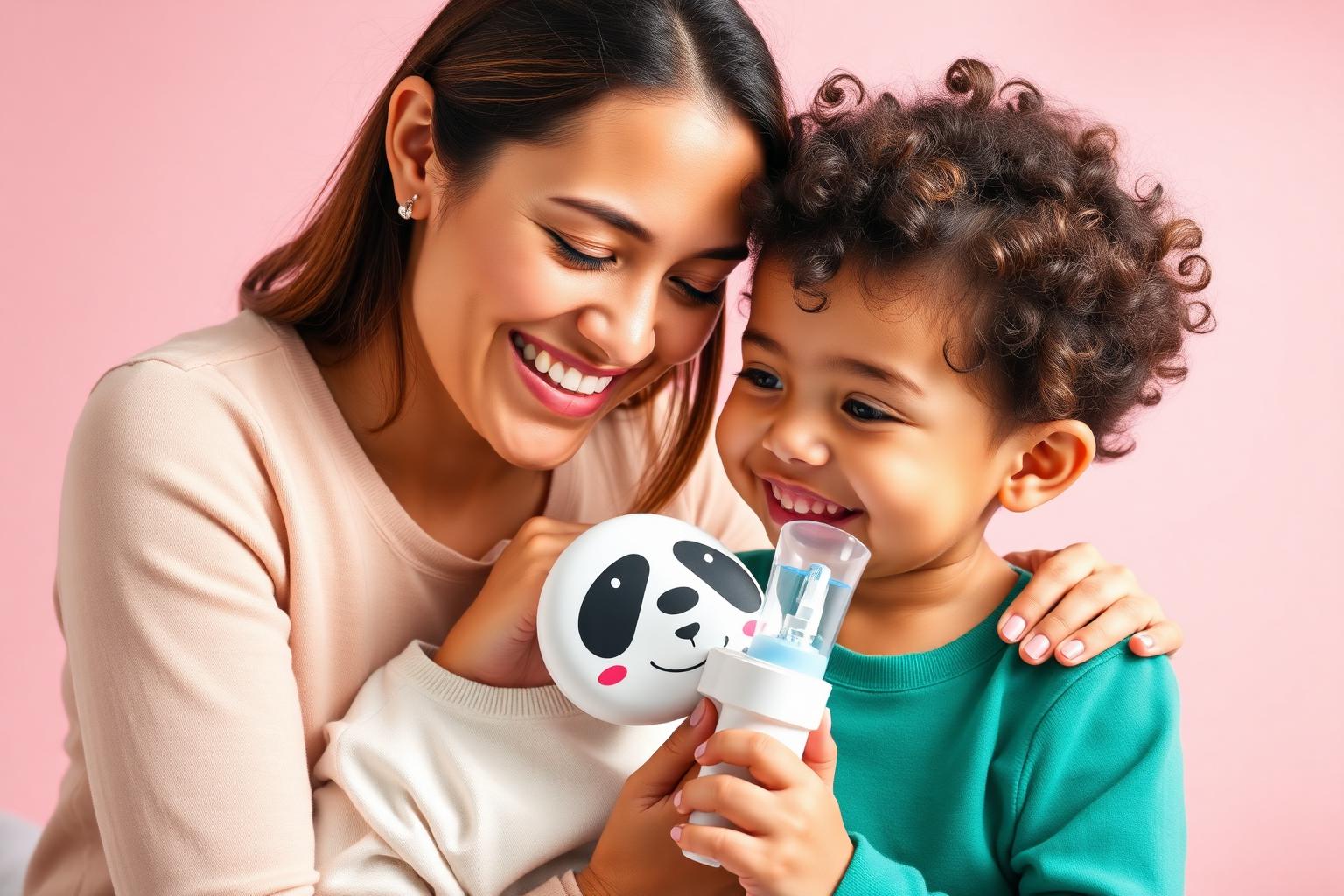 Mom and smiling child using a cartoon panda-shaped nebulizer together